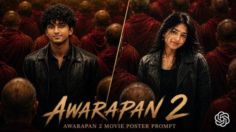 Awarapan 2 Movie Poster Prompt ChatGPT AI photo of boy and girl standing among red robed monks