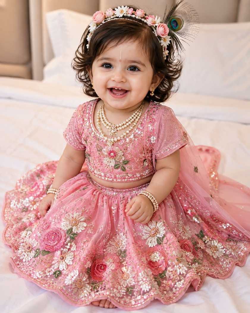 Baby girl in pink sequin lehenga with pearl jewellery and peacock feather headband, Radha AI photo prompt for Janmashtami