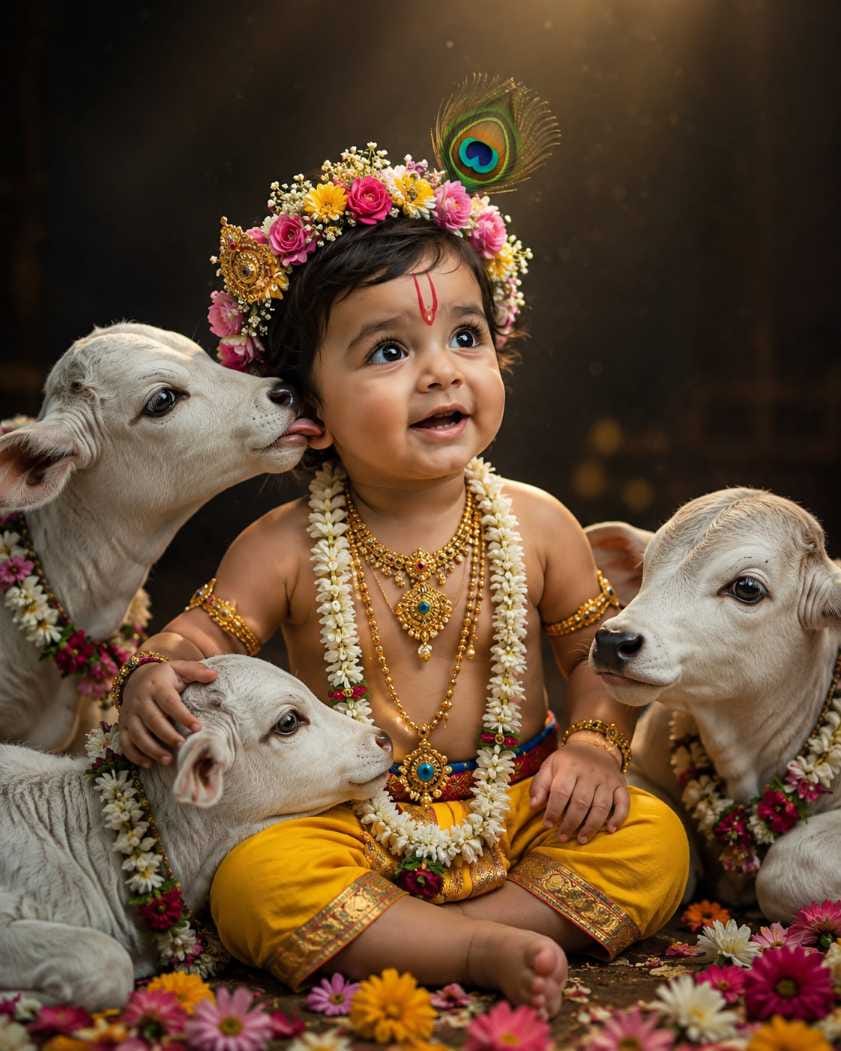 Baby boy dressed as Lord Krishna sitting with calves, floral crown and peacock feather, Janmashtami AI photo prompt