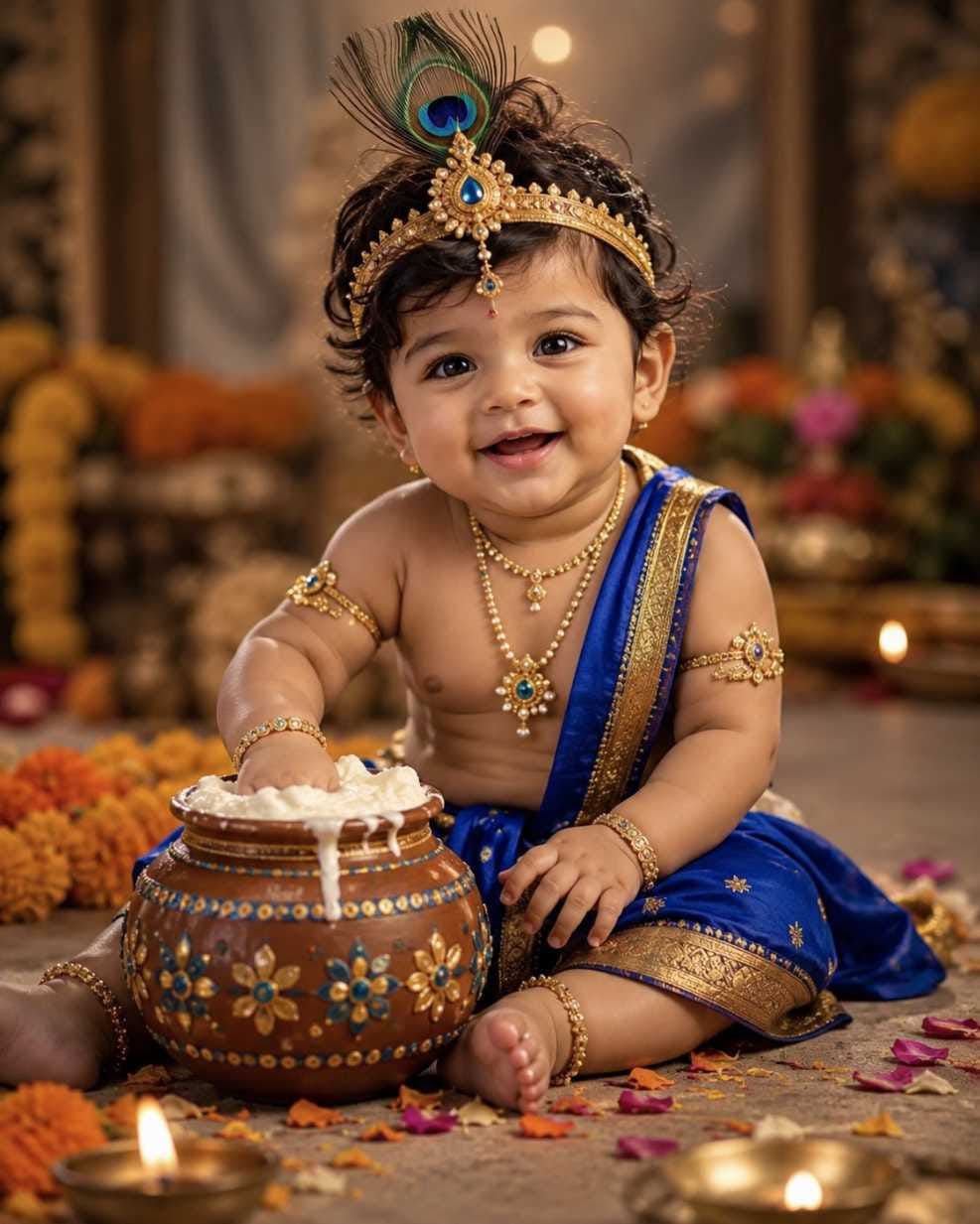 Baby Krishna sitting beside butter pot with peacock feather mukut and diyas, Bal Gopal AI photo prompt