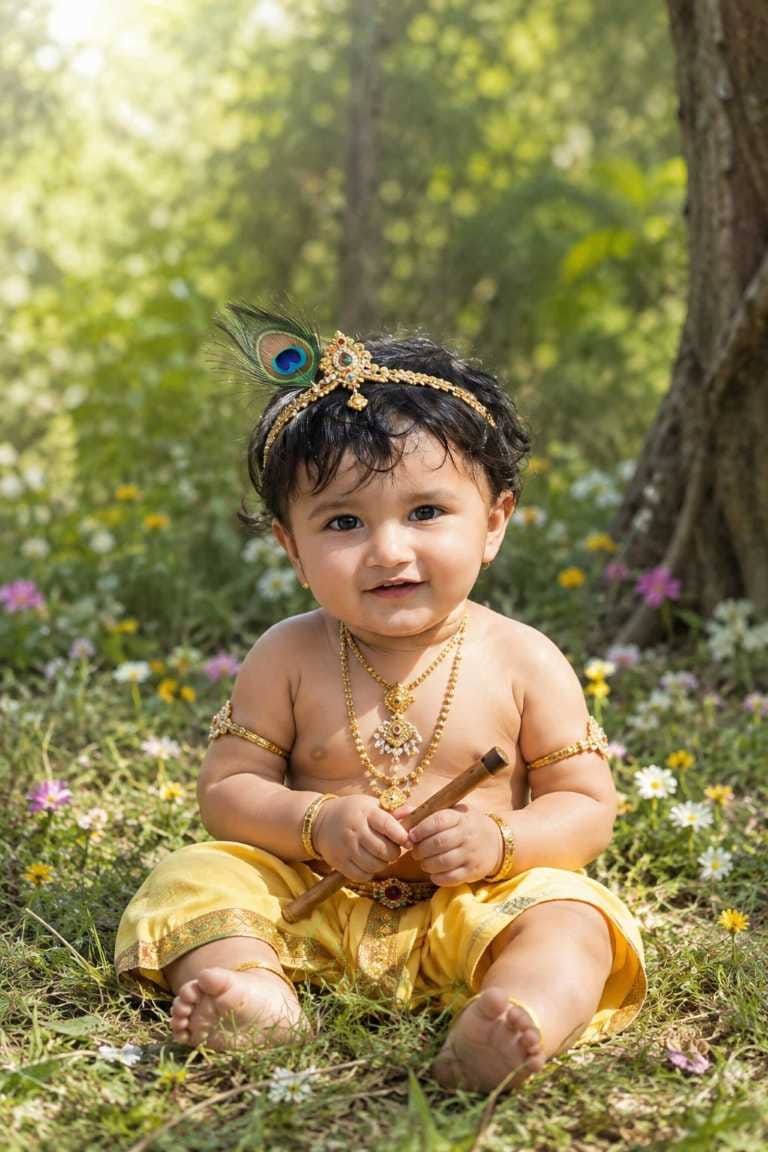 Baby Krishna sitting in green Vrindavan garden with flute and peacock feather crown, Bal Gopal AI photo prompt
