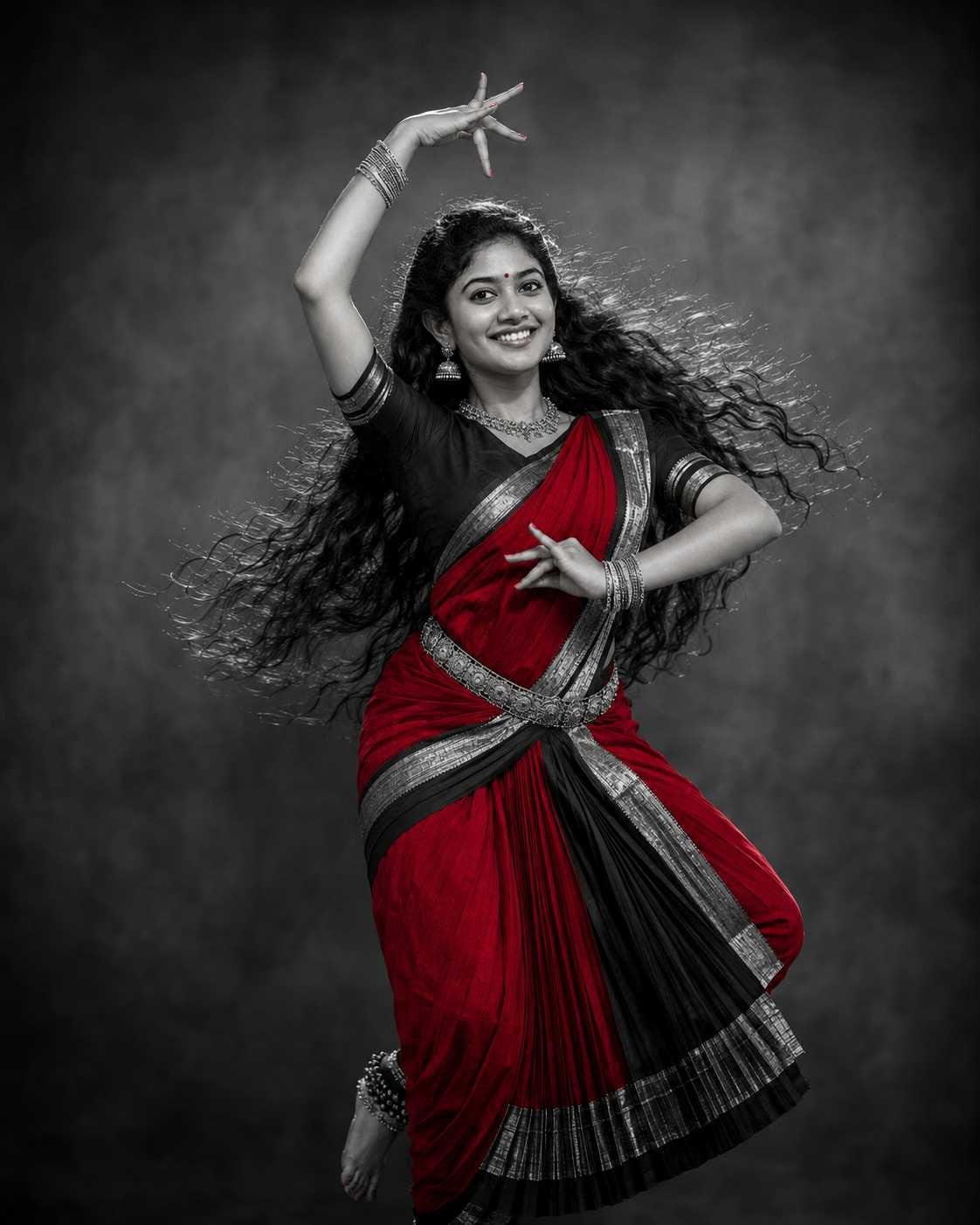 Bharatanatyam AI photo prompt raised arm mudra pose in red and black saree