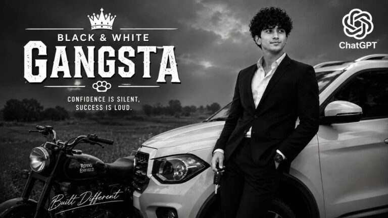 Black and white gangster photo prompt showing a boy in a suit beside a Scorpio car and a Royal Enfield Bullet bike, created using ChatGPT on RonyTica