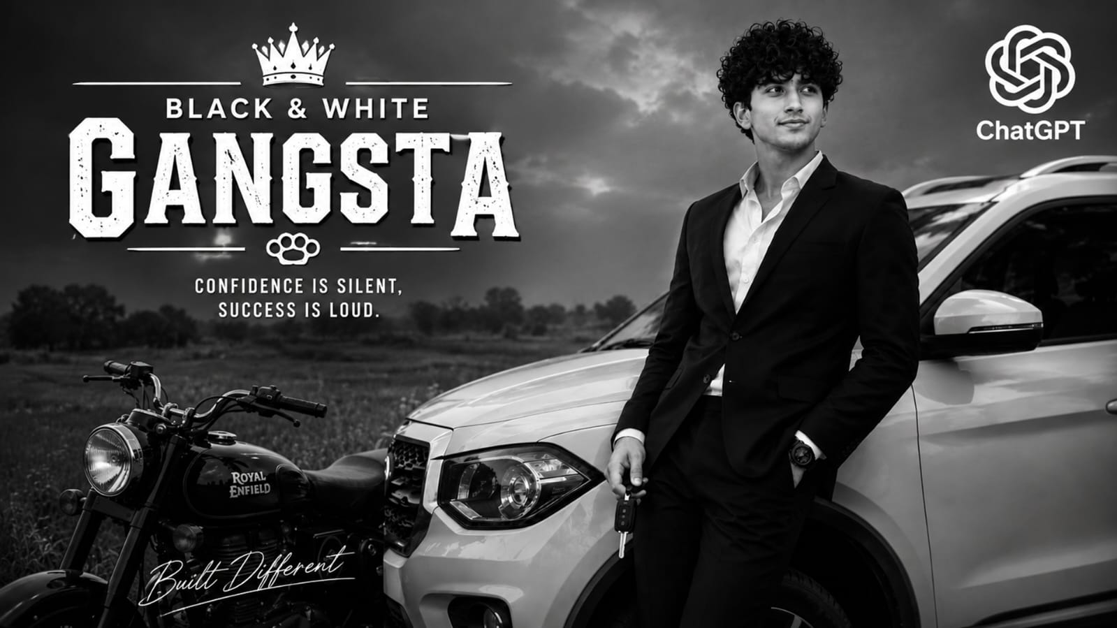Black and white gangster photo prompt showing a boy in a suit beside a Scorpio car and a Royal Enfield Bullet bike, created using ChatGPT on RonyTica