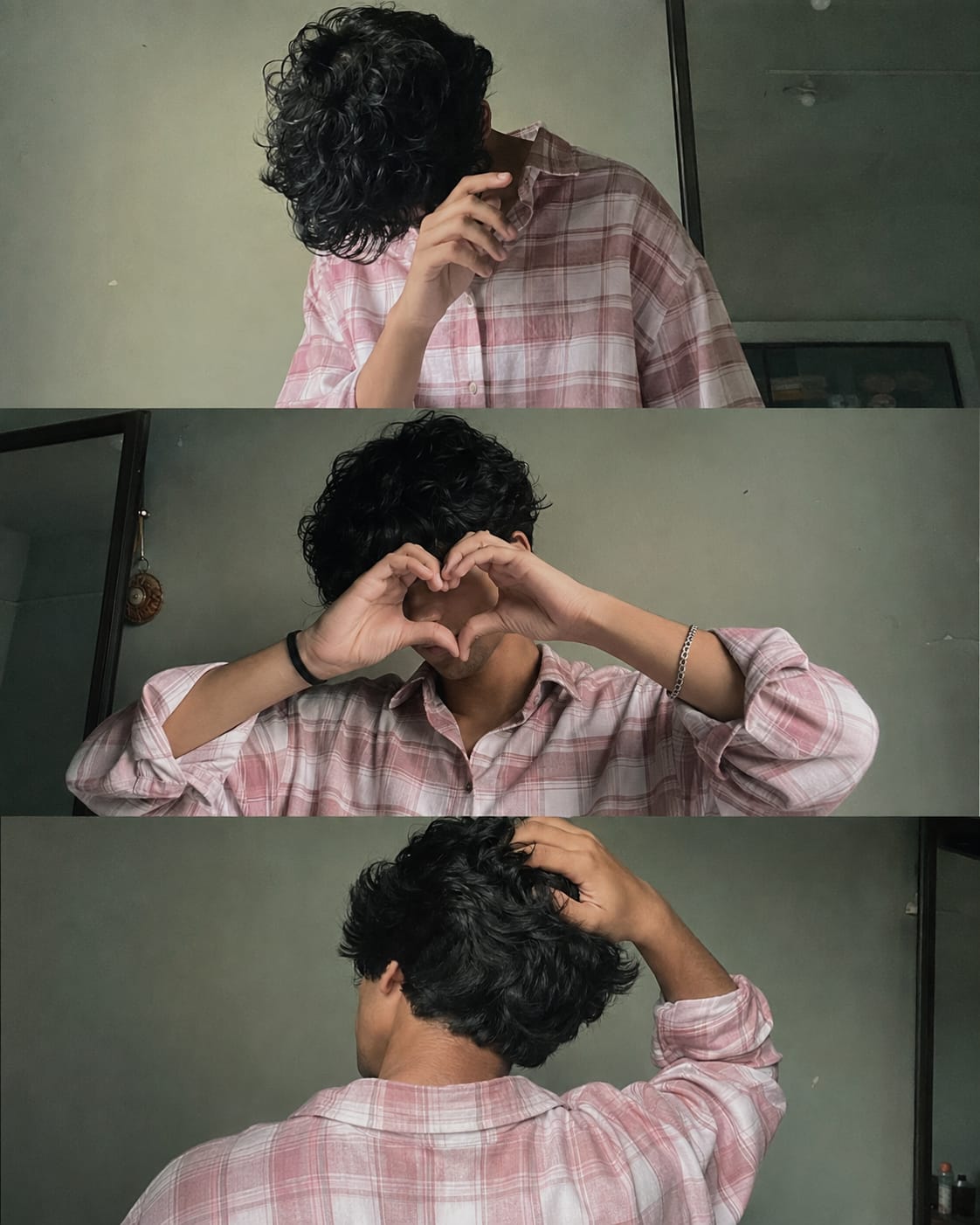 Boy aesthetic mirror selfie prompt with heart hands pose in pink checkered shirt