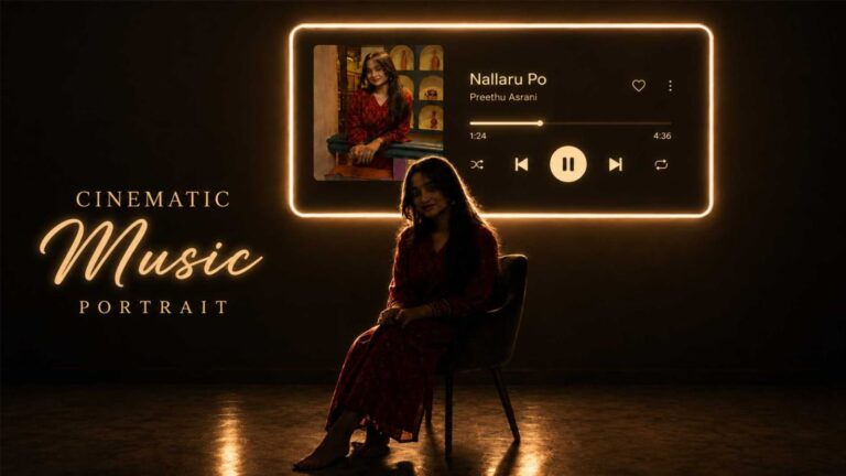 Cinematic music portrait AI photo prompt showing a girl sitting in a dark room with a glowing neon music player wall