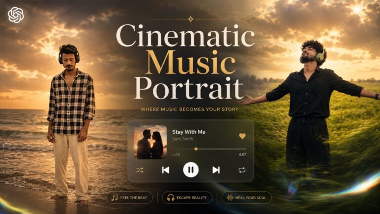Cinematic Music Portrait AI photo prompt featured image showing two men with music player interface