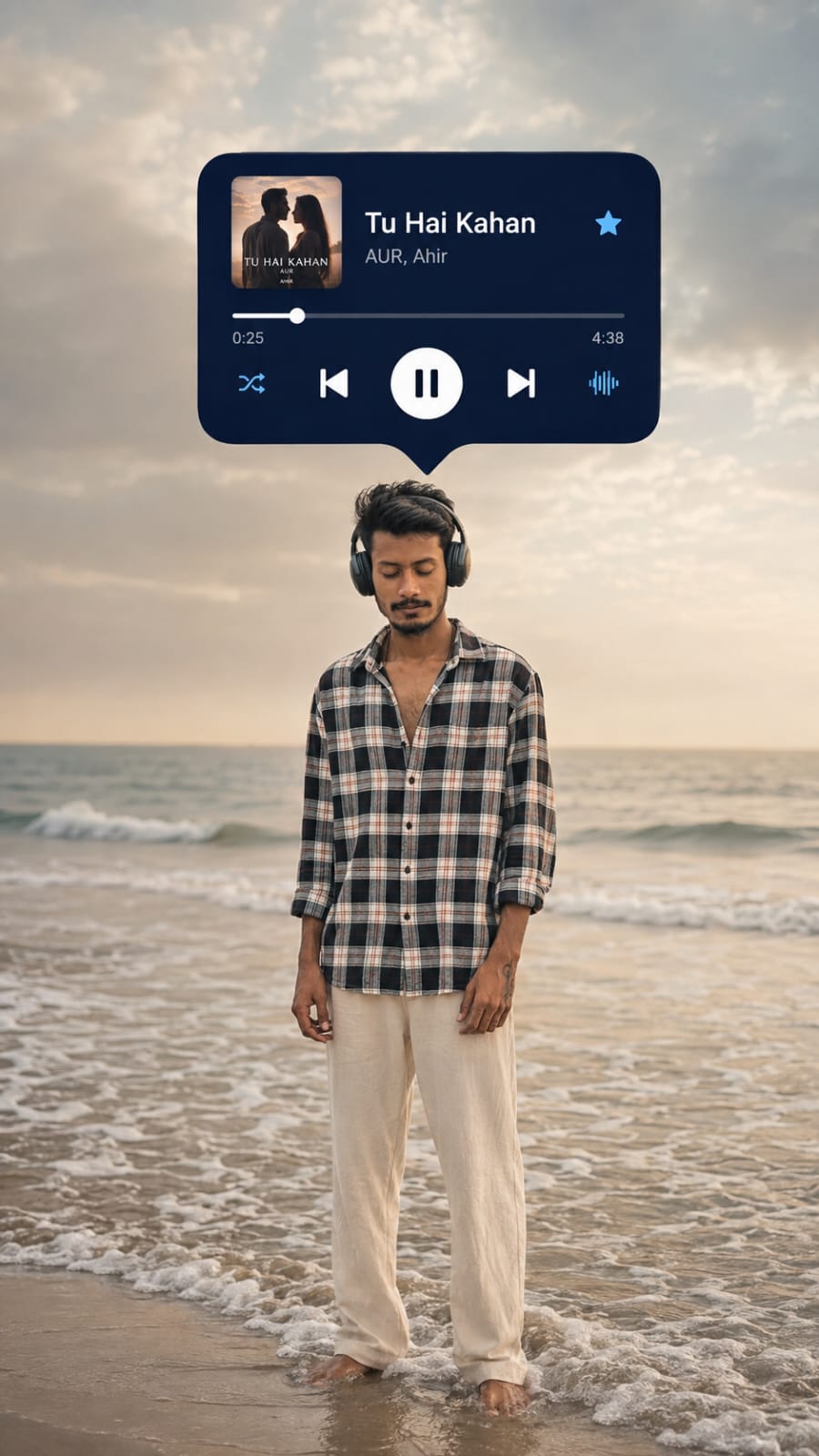 Man standing at the beach wearing headphones with floating music player card, cinematic music portrait prompt
