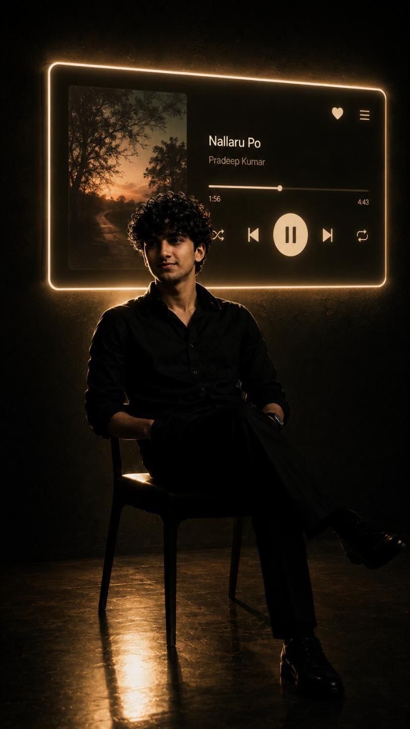 Boy sitting on a chair in a dark room with a glowing neon music player wall, created using cinematic AI photo prompt