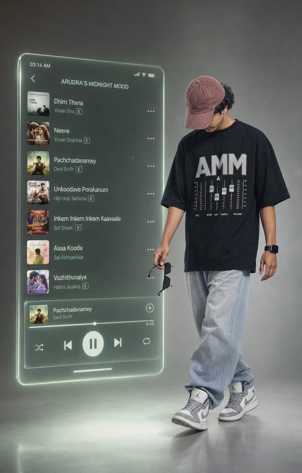 Man walking beside a holographic music player interface in cinematic music portrait AI photo prompt