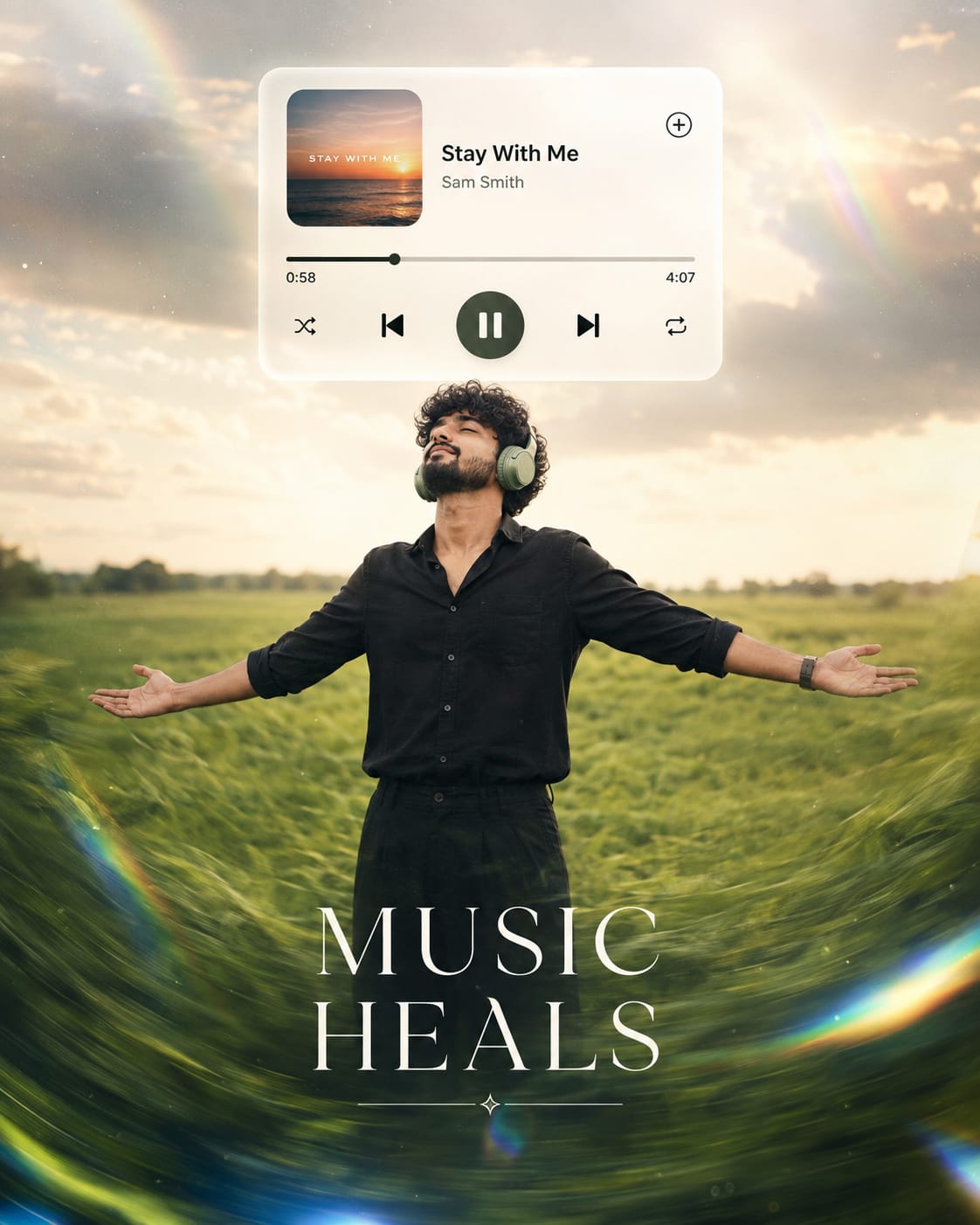 Man with arms open in a green field wearing headphones, Music Heals cinematic AI photo prompt