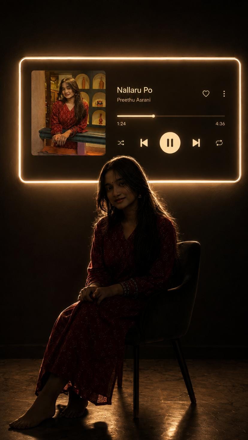Girl sitting on a chair in a dark room with a glowing music player wall photo, created using cinematic AI photo prompt