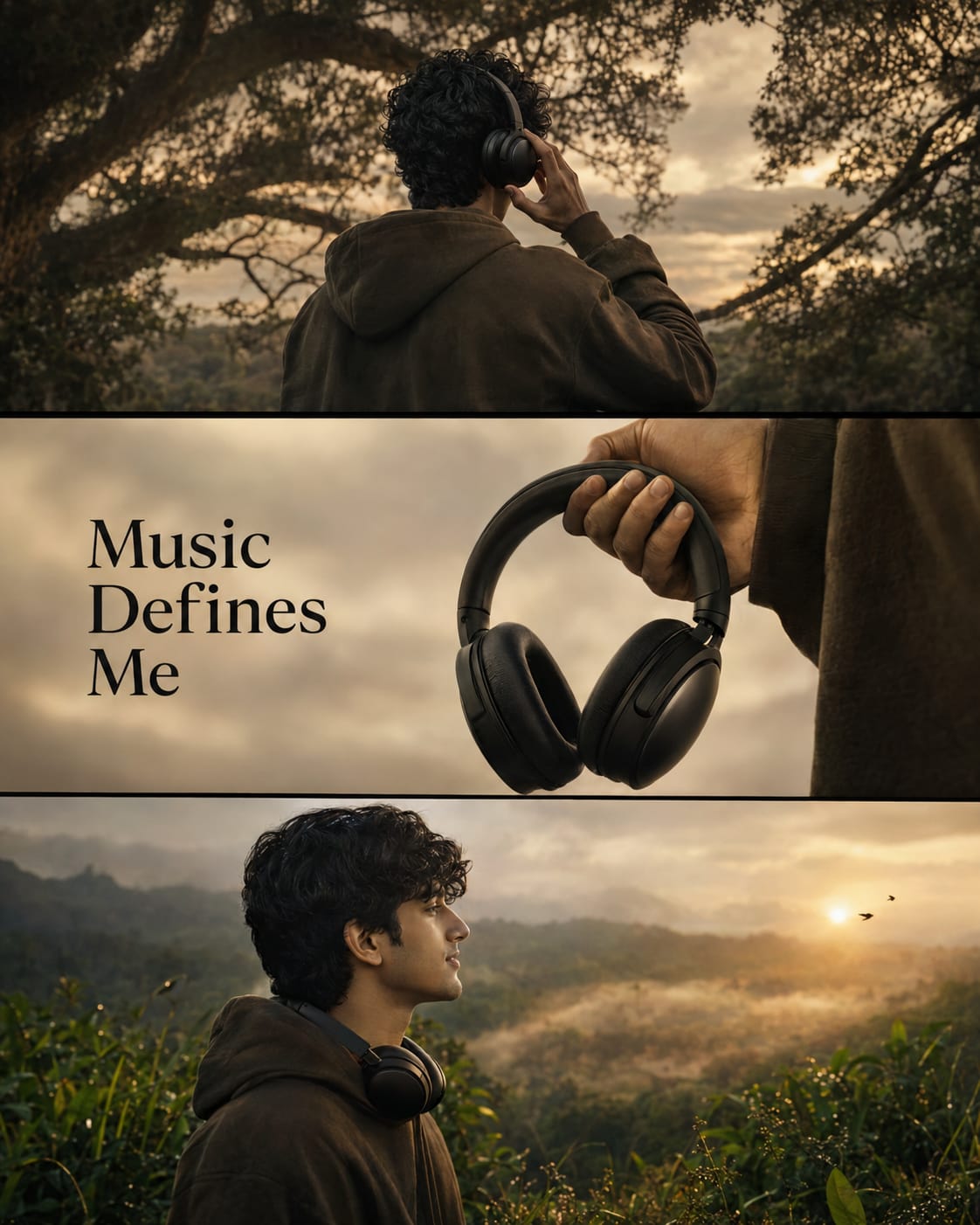Three panel cinematic collage of a man with headphones and Music Defines Me text, AI photo prompt