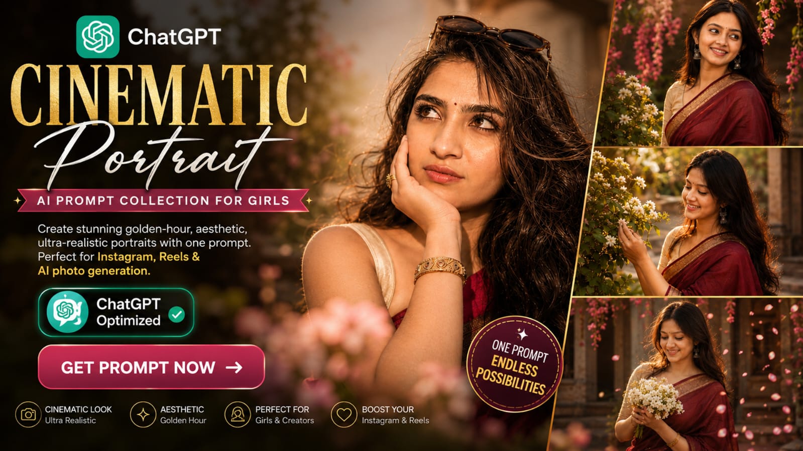 Cinematic Portrait Collage photo prompt banner for ChatGPT AI portraits