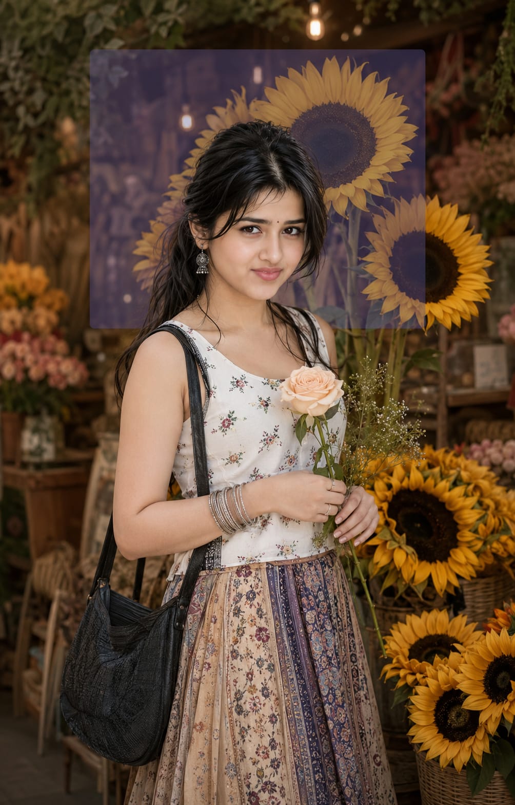 Bonus floral market Cinematic Portrait Collage photo prompt result with a rose in hand