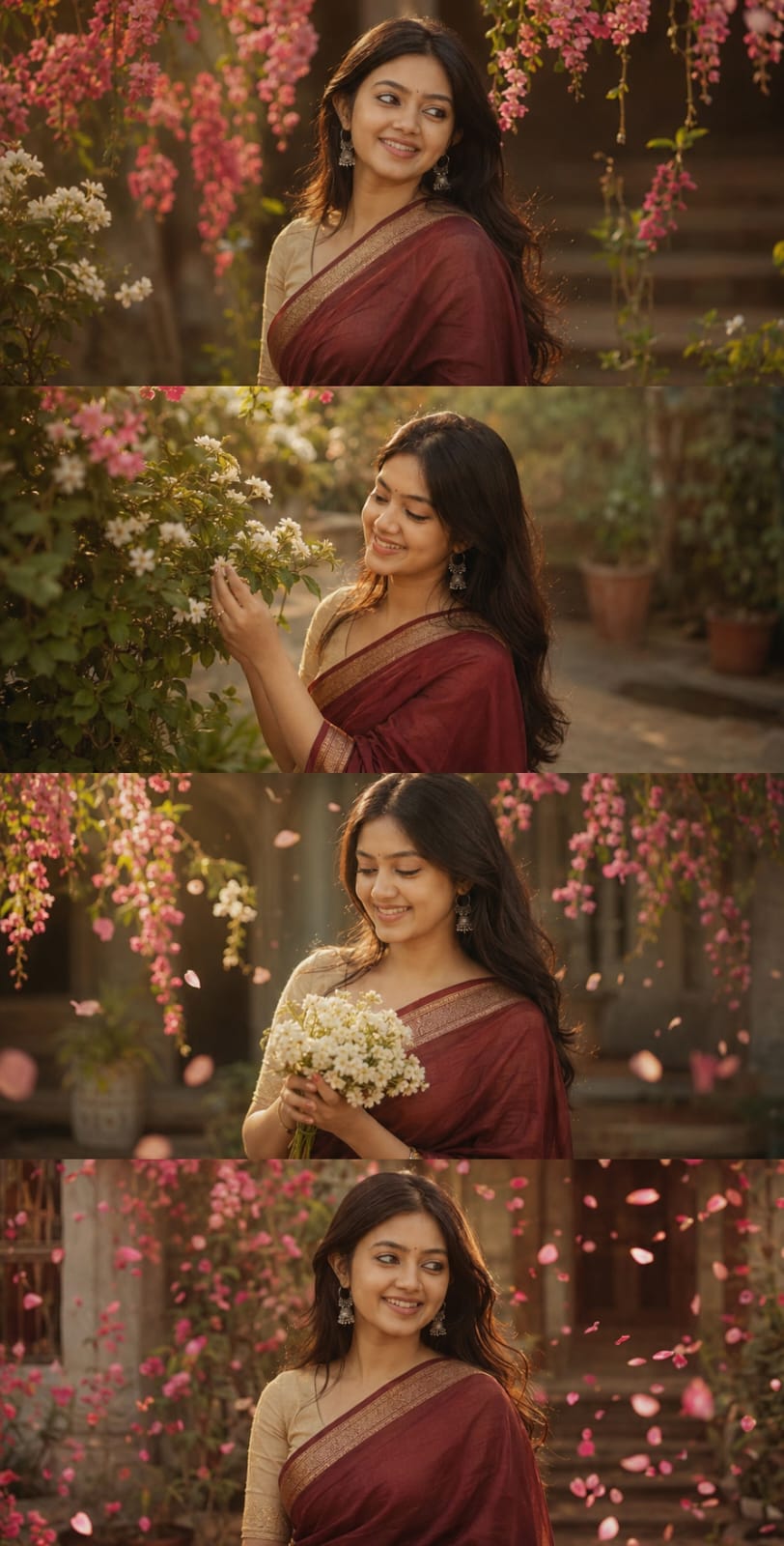 Floral garden saree Cinematic Portrait Collage photo prompt with falling flower petals