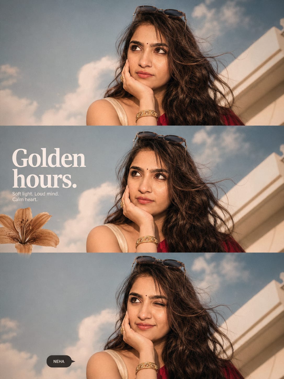 Golden hour sky Cinematic Portrait Collage photo prompt result with wavy hair and sunglasses