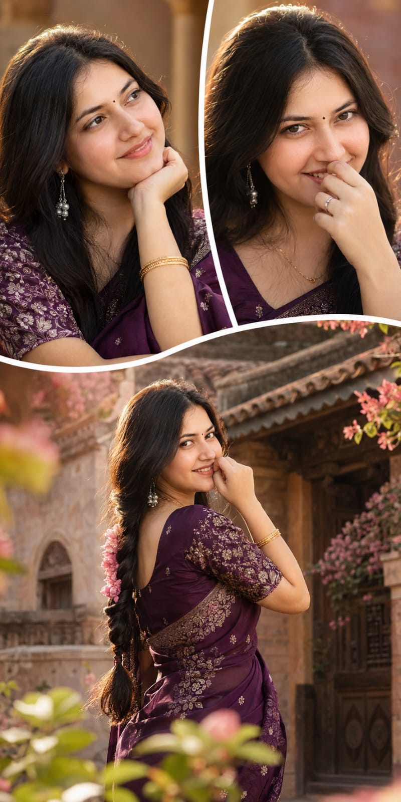 Heritage courtyard saree Cinematic Portrait Collage photo prompt with close-up and back pose