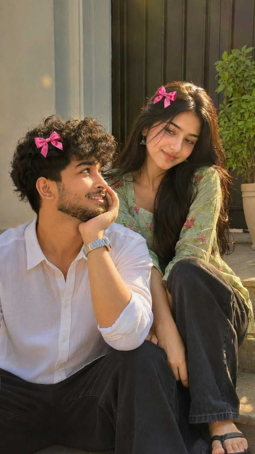 Golden hour sitting couple AI photo prompt pink bows RonyTica