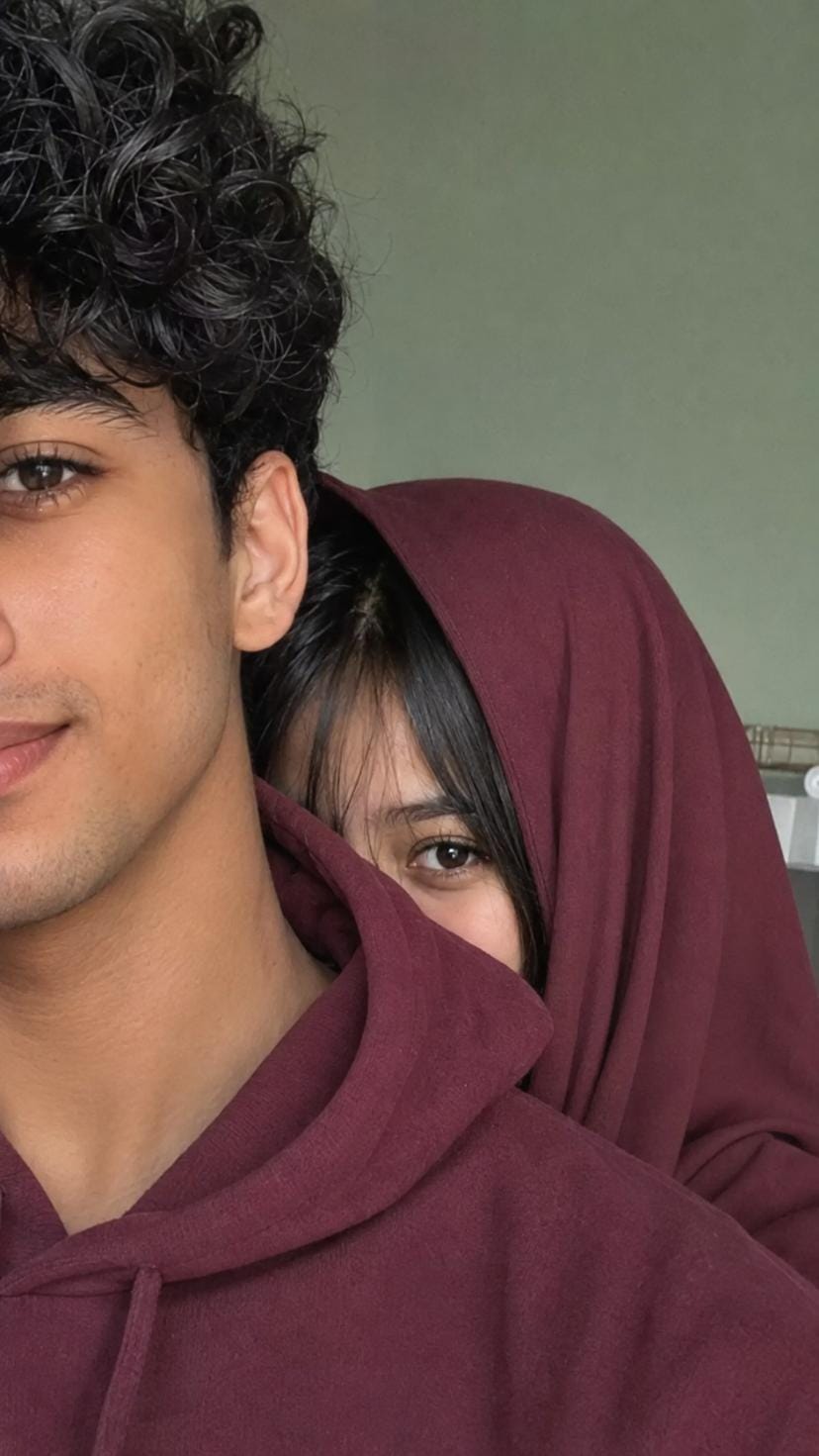 Half face maroon hoodie couple AI photo prompt aesthetic RonyTica