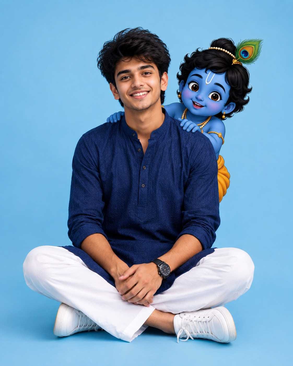 Boy style cute Krishna image prompt with Baby Krishna on shoulder