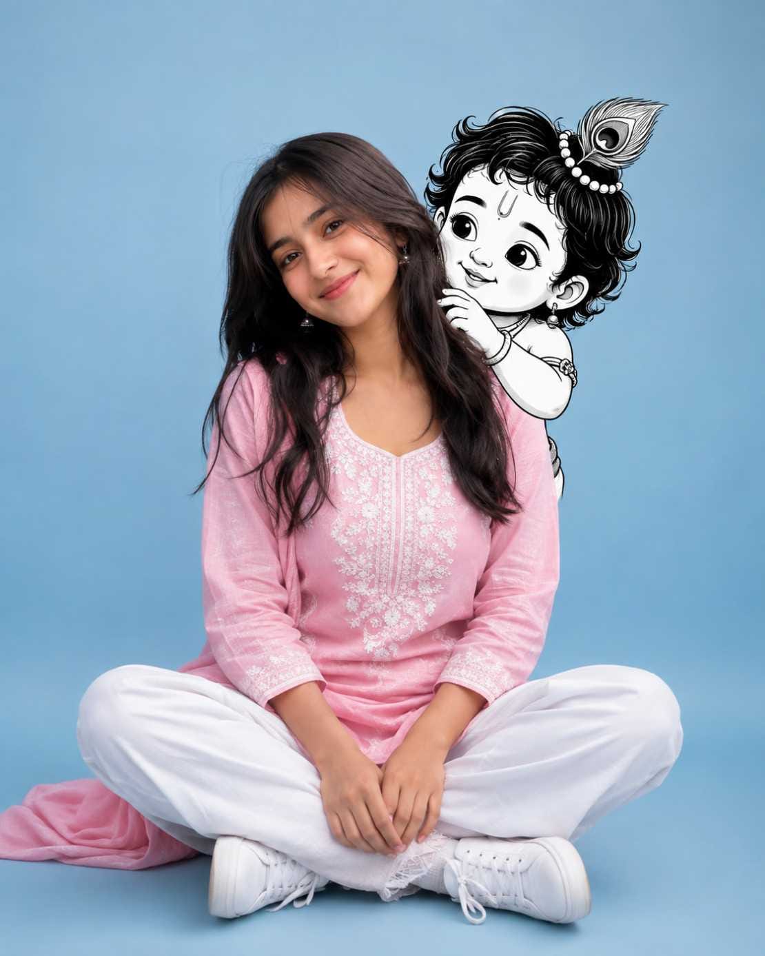 Cute Krishna image prompt girl style with black and white sketch Baby Krishna