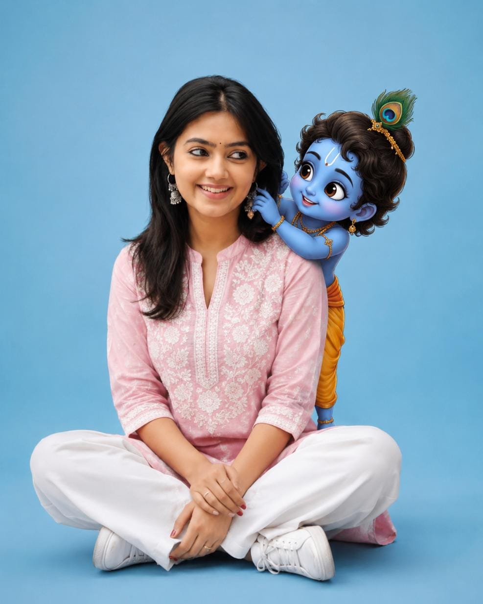 Girl style cute Krishna image prompt with Baby Krishna on shoulder