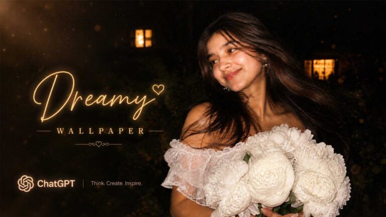 Dreamy wallpaper images prompt for ChatGPT showing girl holding white flowers at night