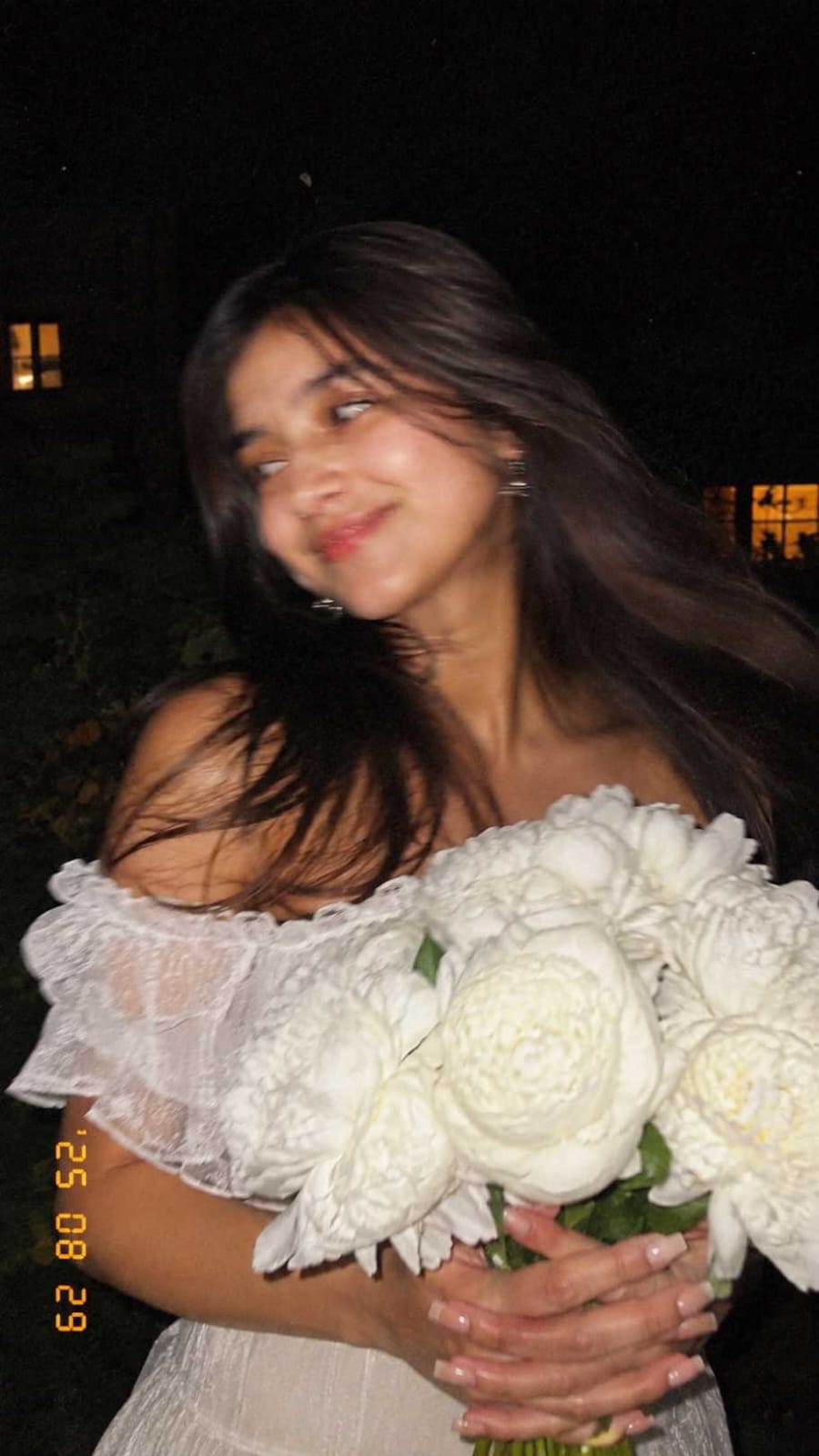 Girl holding white peony bouquet dreamy flash photo AI wallpaper prompt example