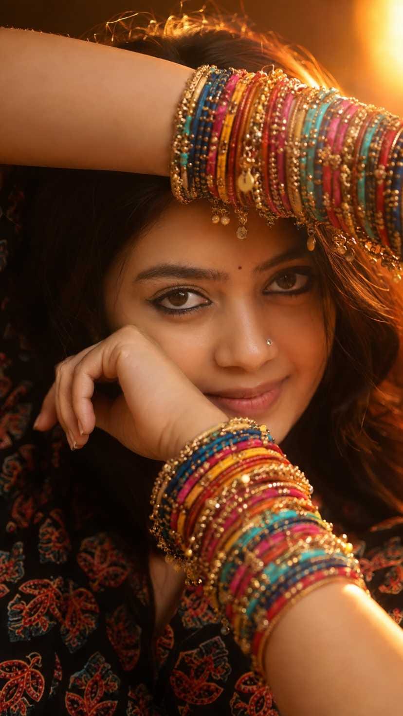 Girl eye close up AI photo with colourful bangles and golden cinematic lighting