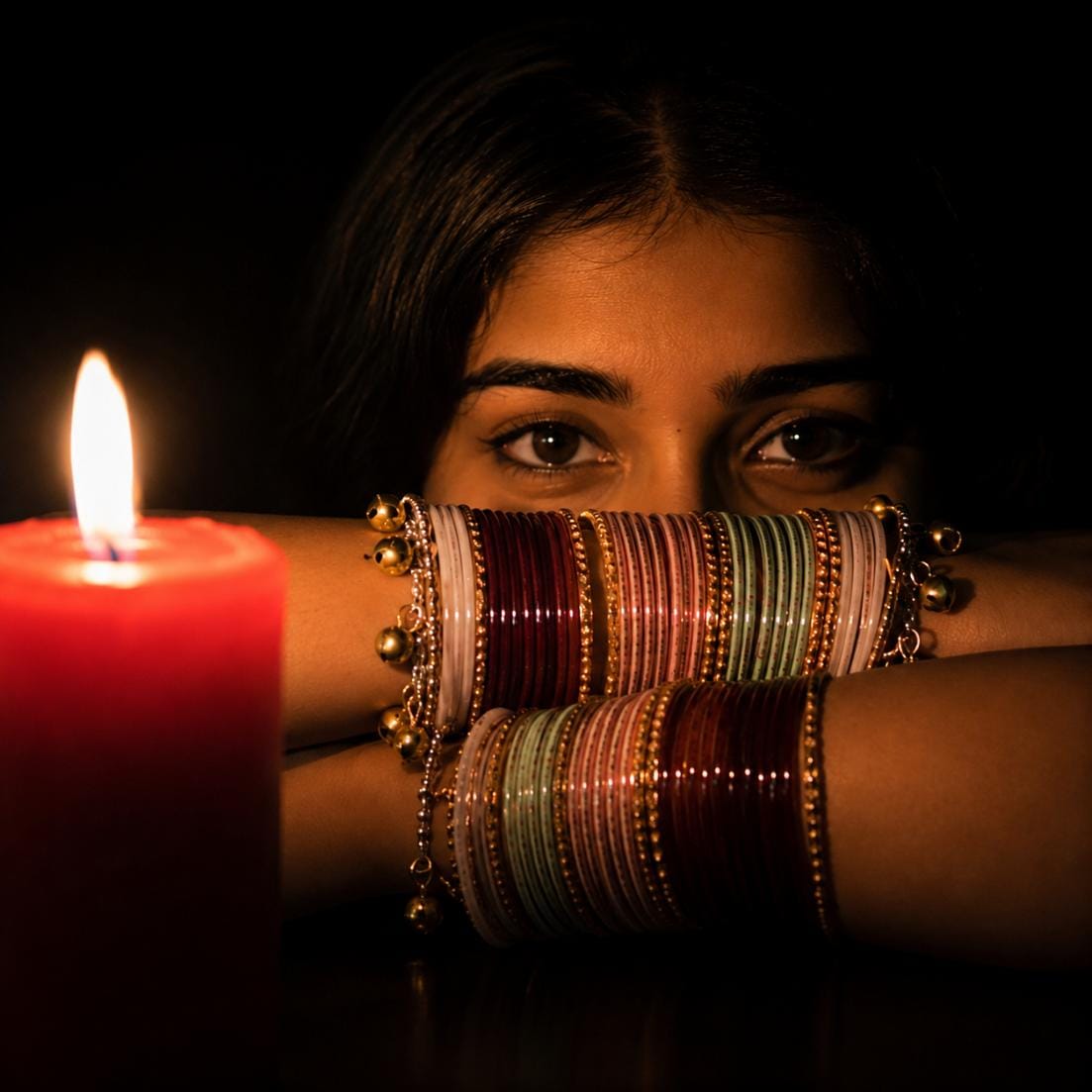Close up eyes AI photo prompt with red candle light and bangles mystery look