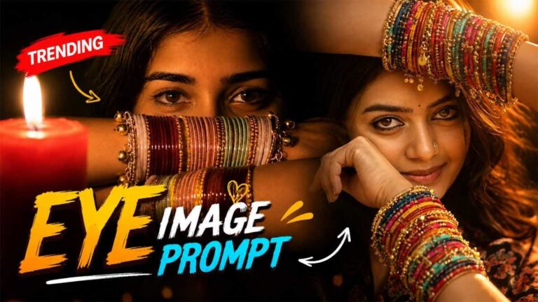 Eye close up portrait AI photo editing prompt ChatGPT trending thumbnail with bangles and candle light