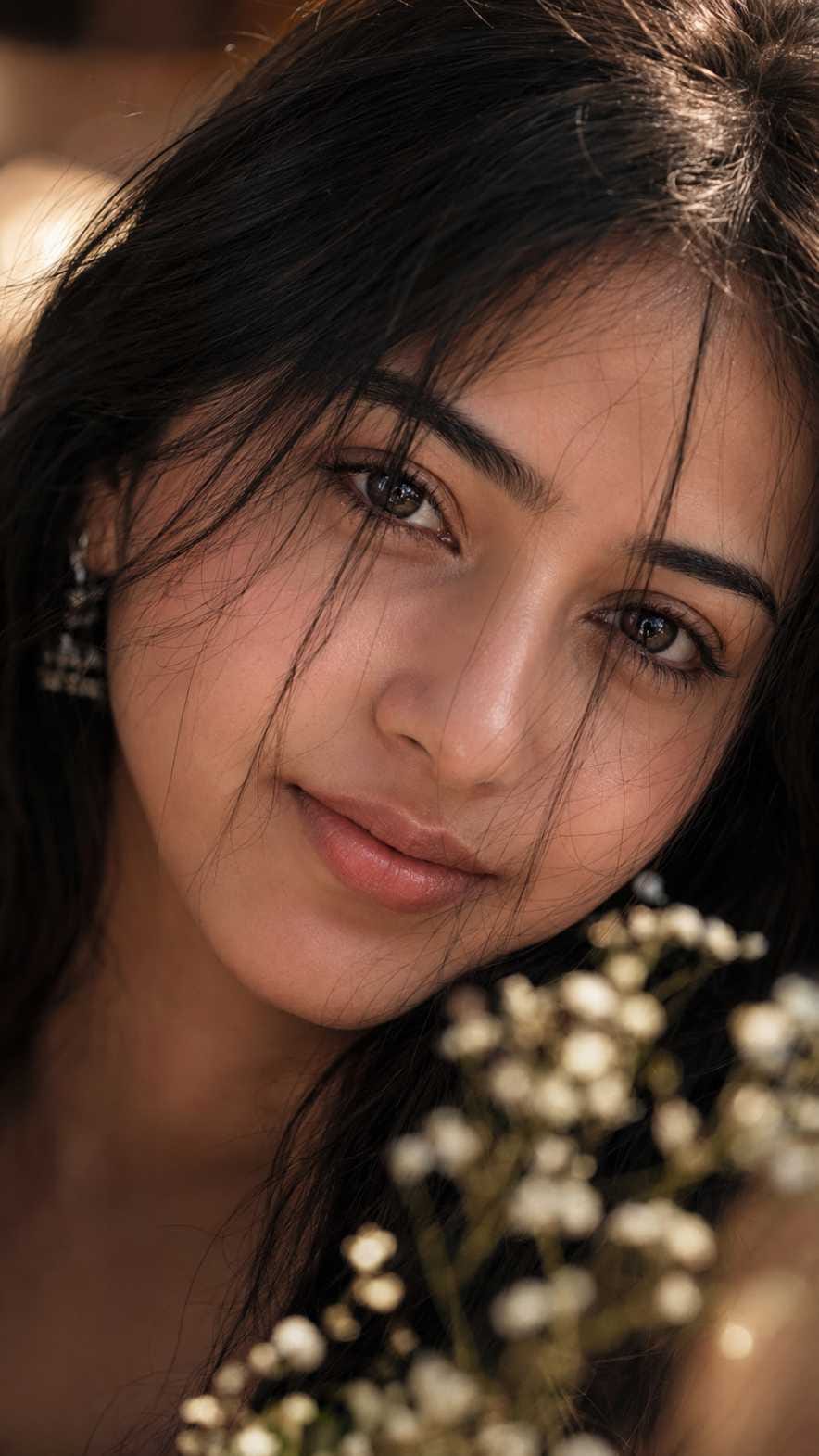 Girl close up eyes AI photo prompt with soft hair strands and romantic flowers