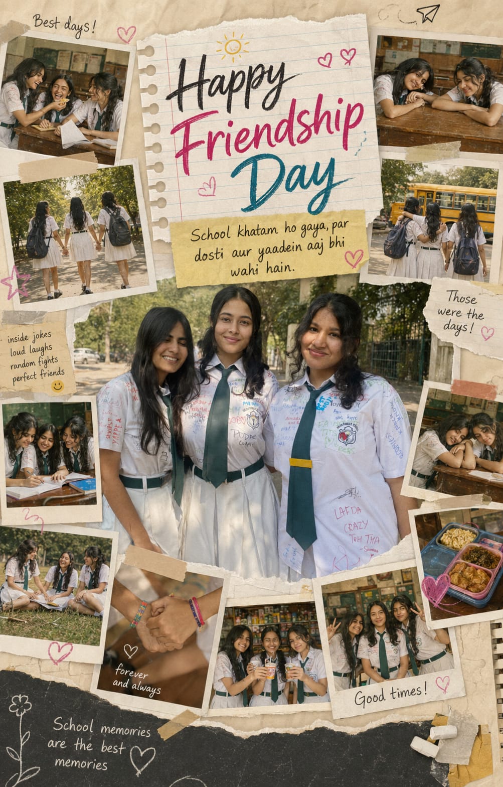 Friendship Day nostalgic school scrapbook style AI poster