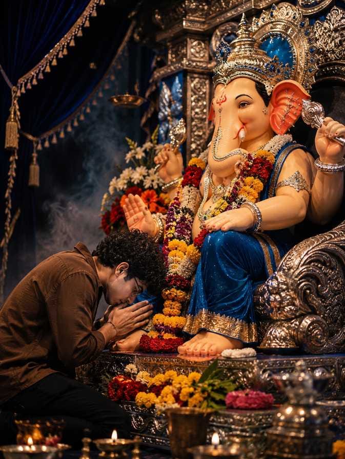 Young man bowing in prayer before Ganpati Bappa idol using Ganesh Ji Photo Editing Prompt
