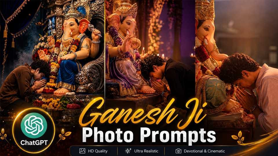 Ganesh Ji Photo Editing Prompt viral ChatGPT AI photo collage with devotee bowing before Ganpati Bappa idol
