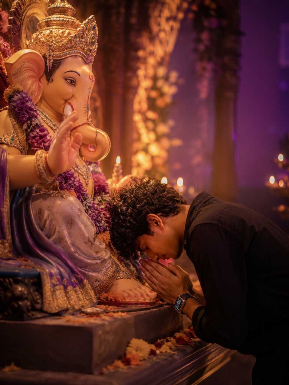 Devotee touching Ganpati Bappa idol feet in warm orange and purple toned AI photo