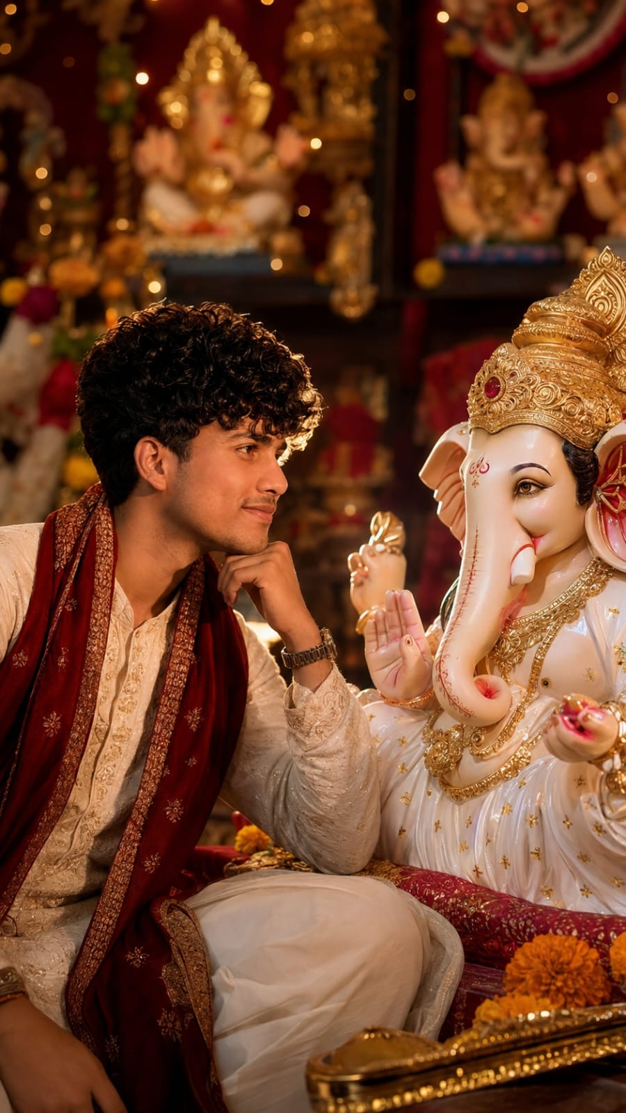 Brotherly blessing Ganesh Puja Portrait prompt with man beside Ganpati idol