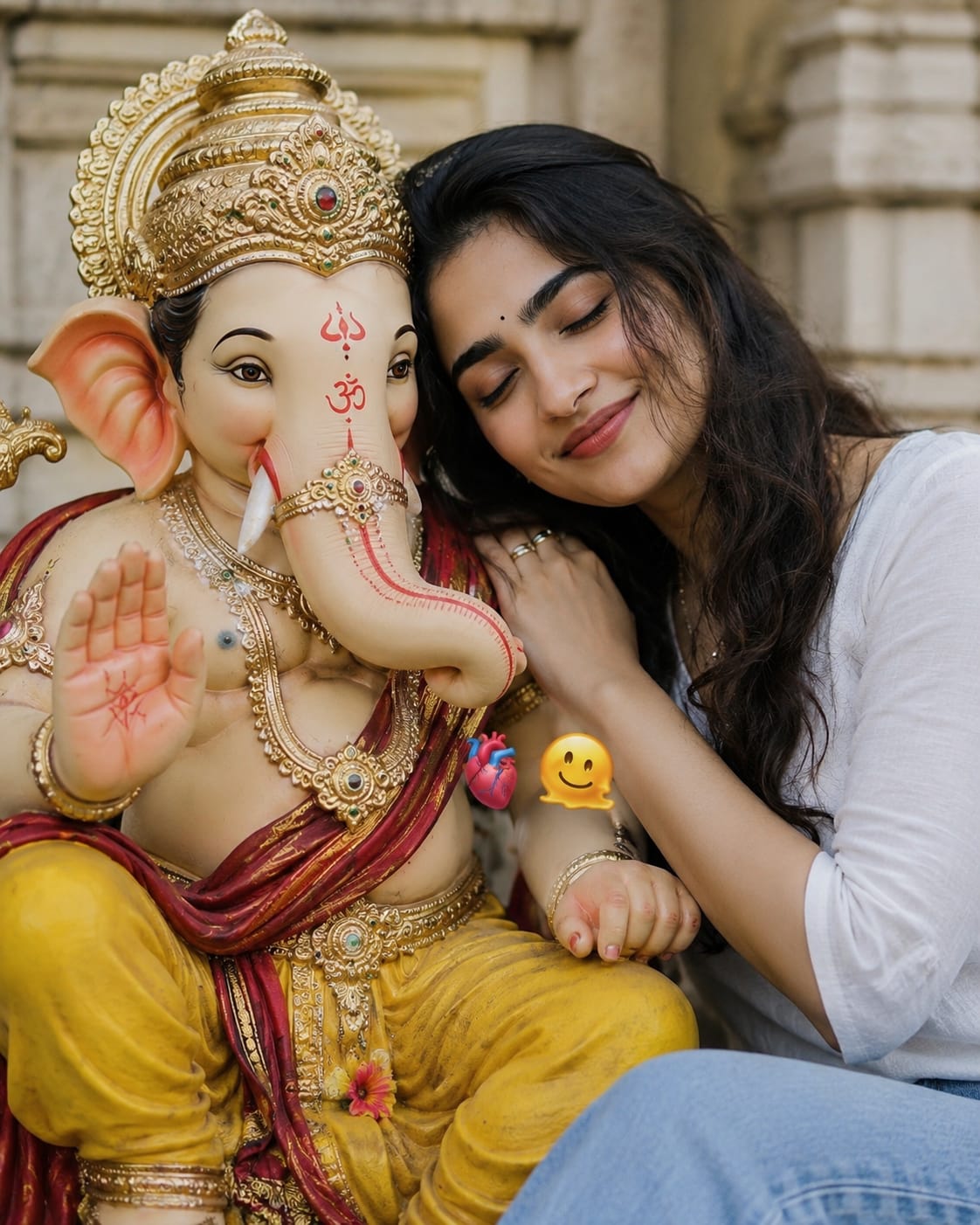 Candid temple moment Ganesh Puja Portrait prompt with woman resting near Ganpati idol
