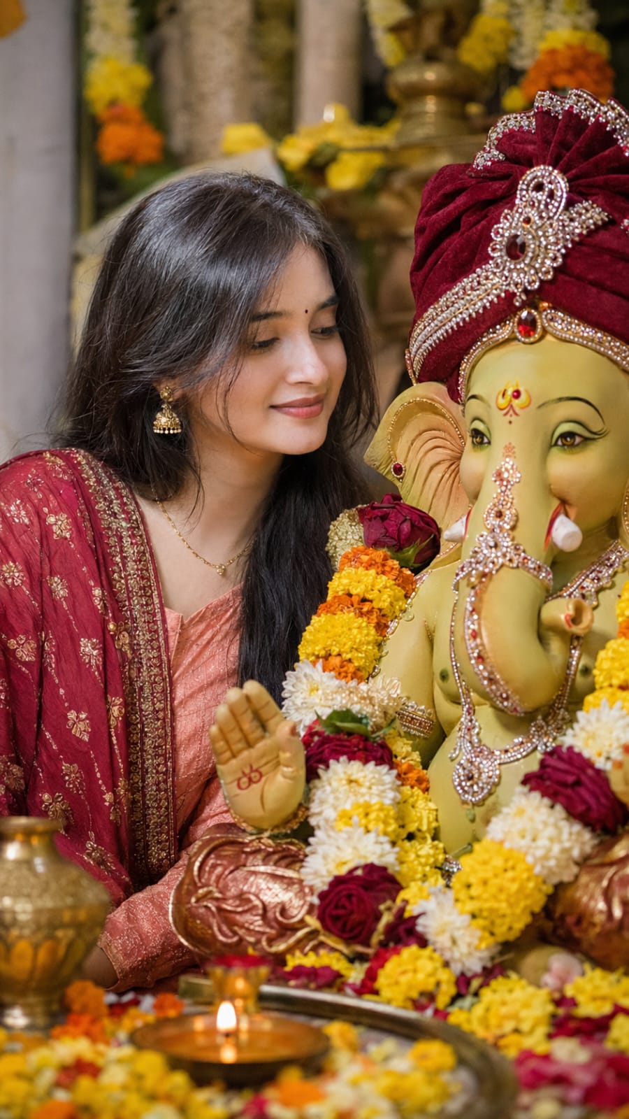 Devotional side profile Ganesh Puja Portrait prompt with woman beside Ganpati idol