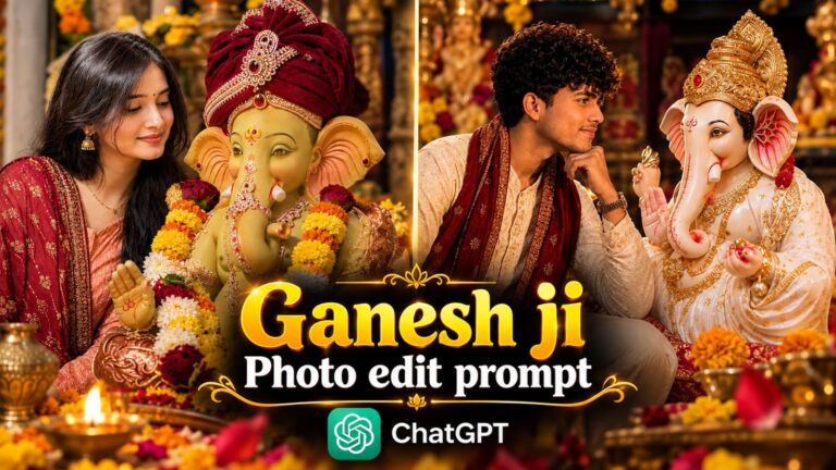 Ganesh Puja Portrait prompt AI photo of a woman sitting beside Ganpati Bappa idol
