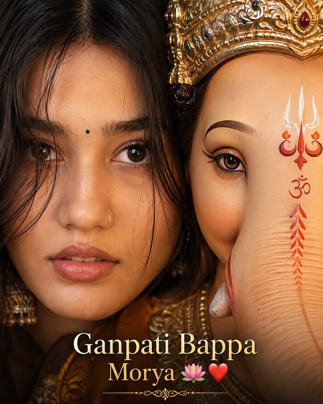 Half face divine merge Ganesh Puja Portrait prompt with Ganpati Bappa