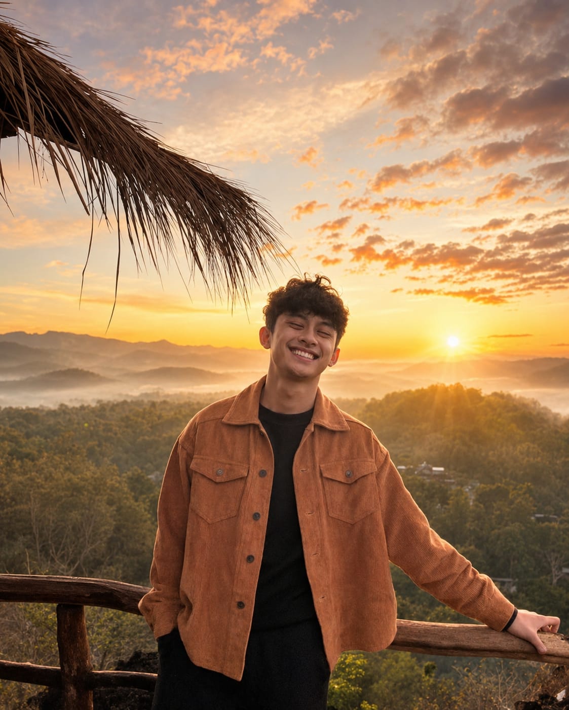 Boy golden hour portrait photo prompt result with warm sunset light and backlighting