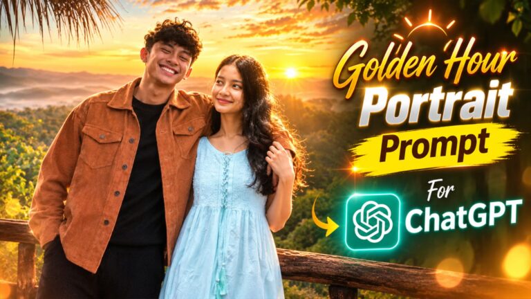 Golden hour portrait photo prompt cover image showing warm sunset lighting on a portrait