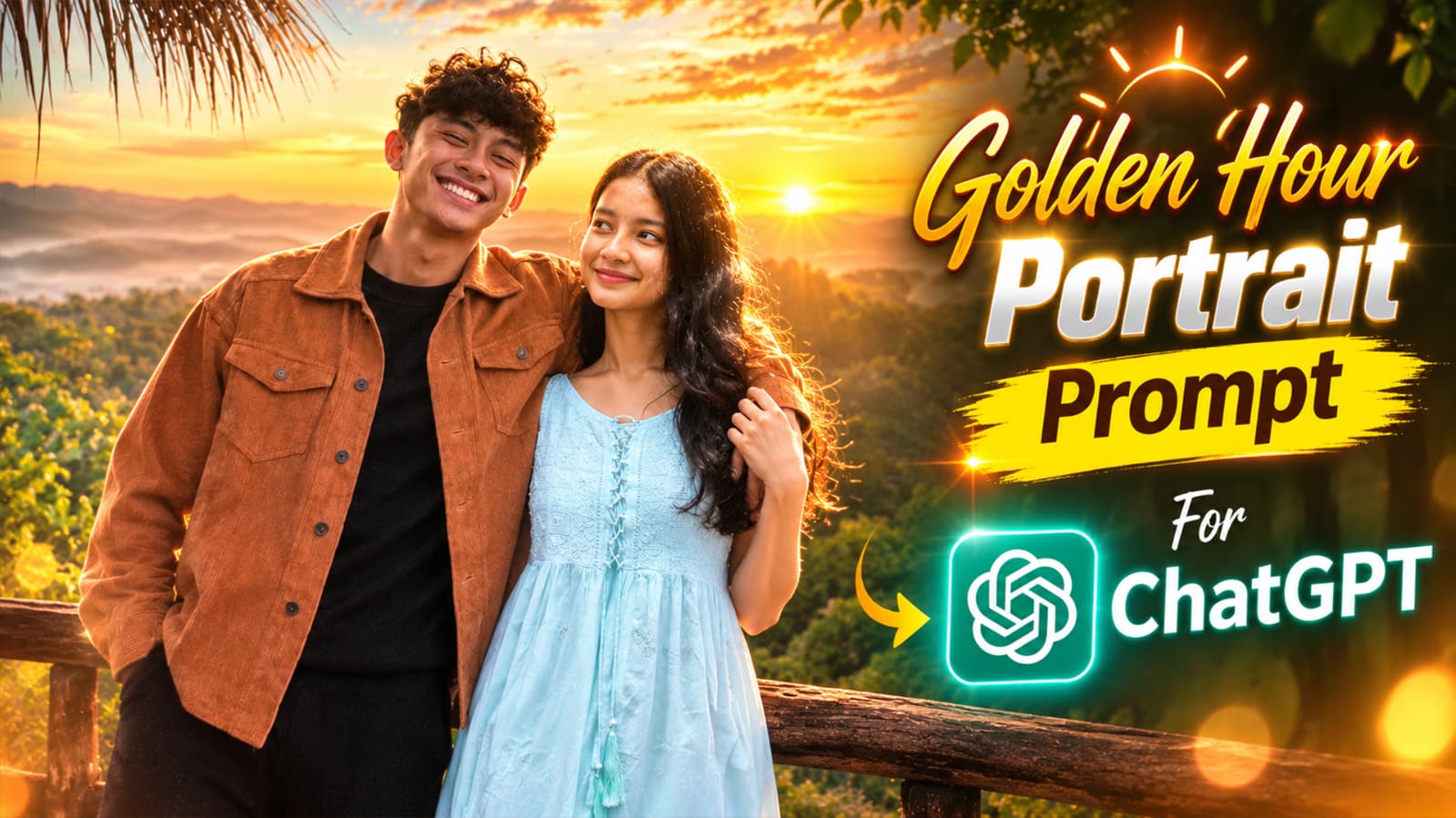 Golden hour portrait photo prompt cover image showing warm sunset lighting on a portrait