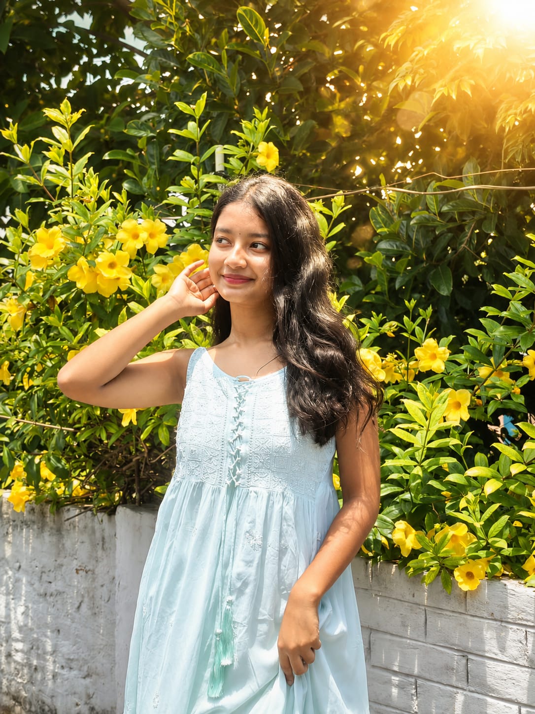 Girl golden hour portrait photo prompt result with soft warm sunlight and floral background