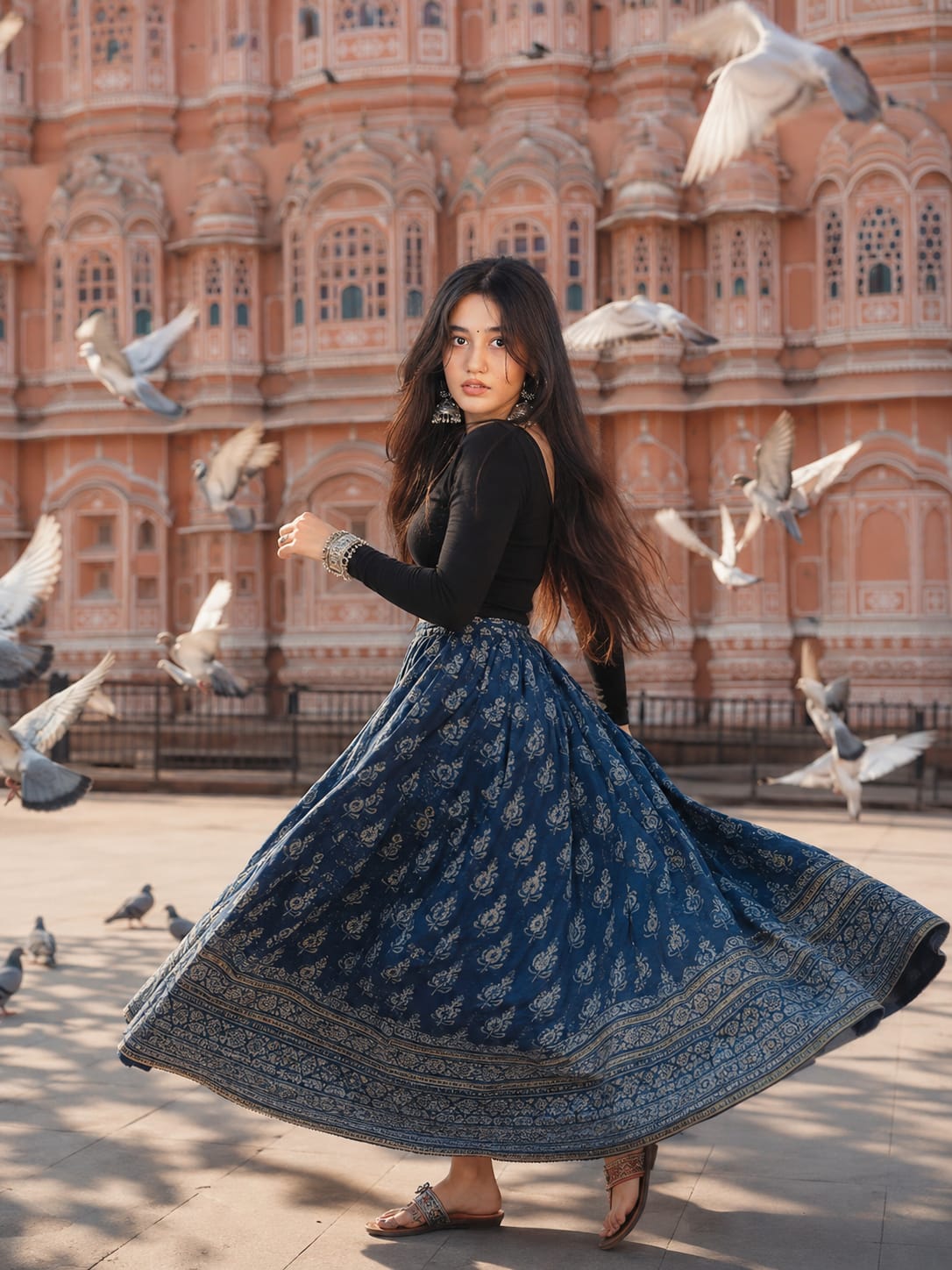 Girl twirling in blue skirt Hawa Mahal aesthetic photo prompt with pigeons
