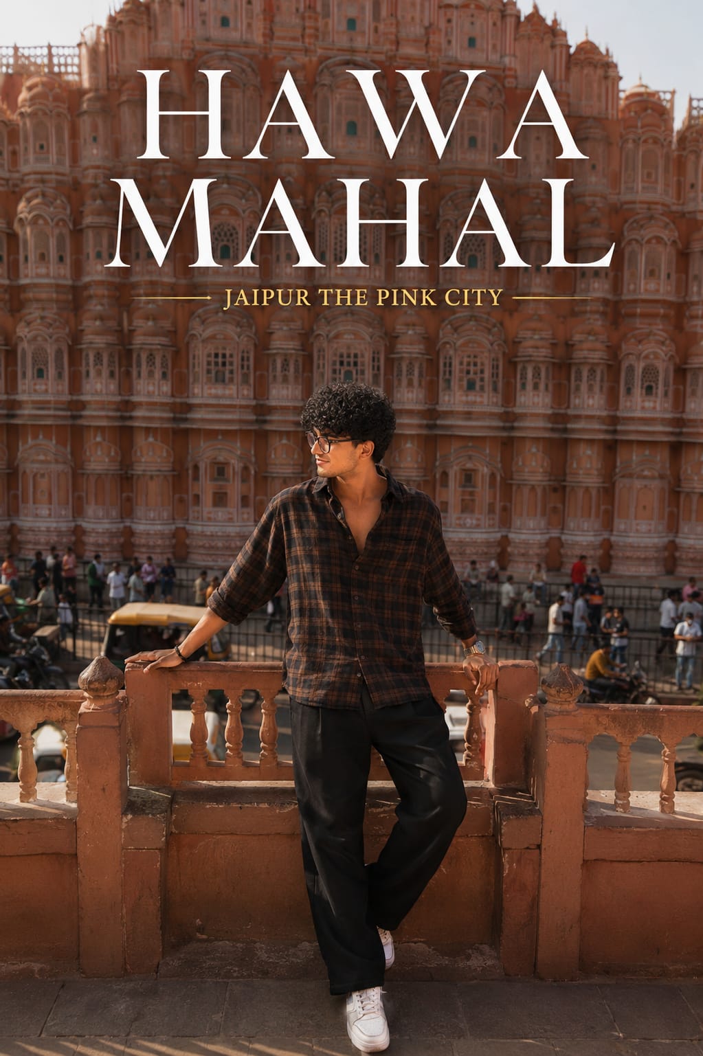 Hawa Mahal travel poster style AI photo prompt for boys Jaipur