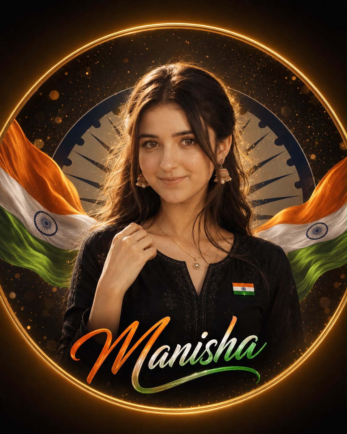 Black kurta elegant style Independence Day DP prompt for women with tricolor circle frame and name typography