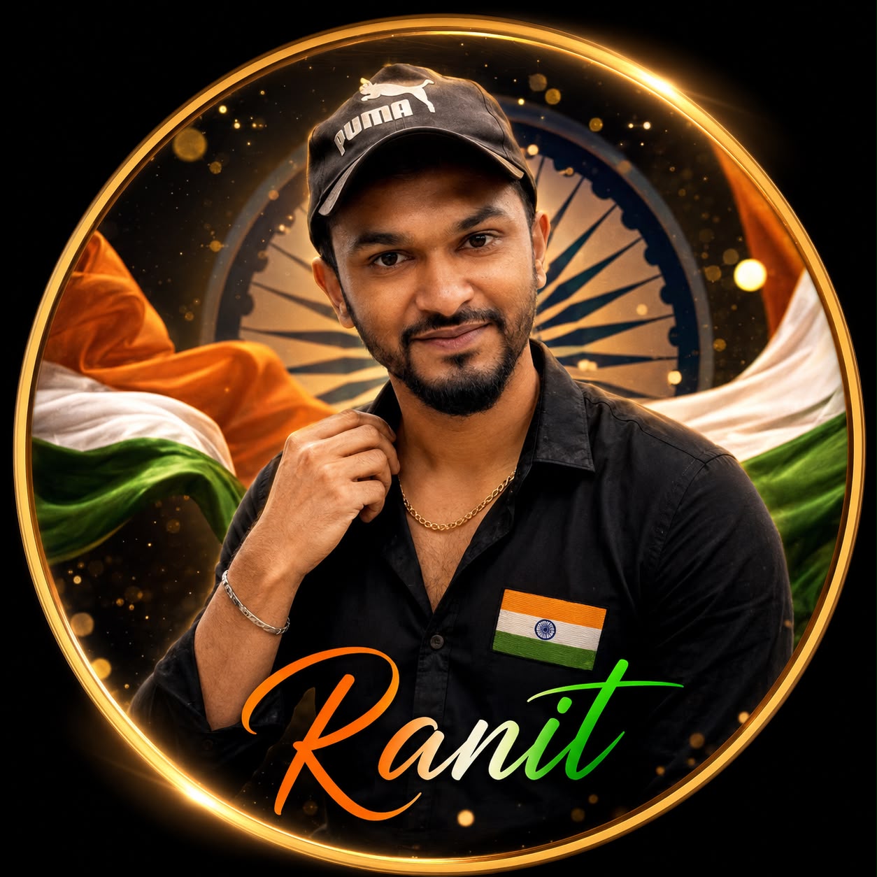 Black shirt casual style Independence Day DP prompt for men with tricolor circle frame and name typography